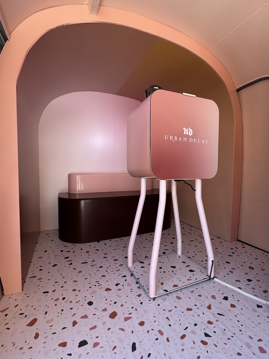 The blush photo booth inside the Airstream